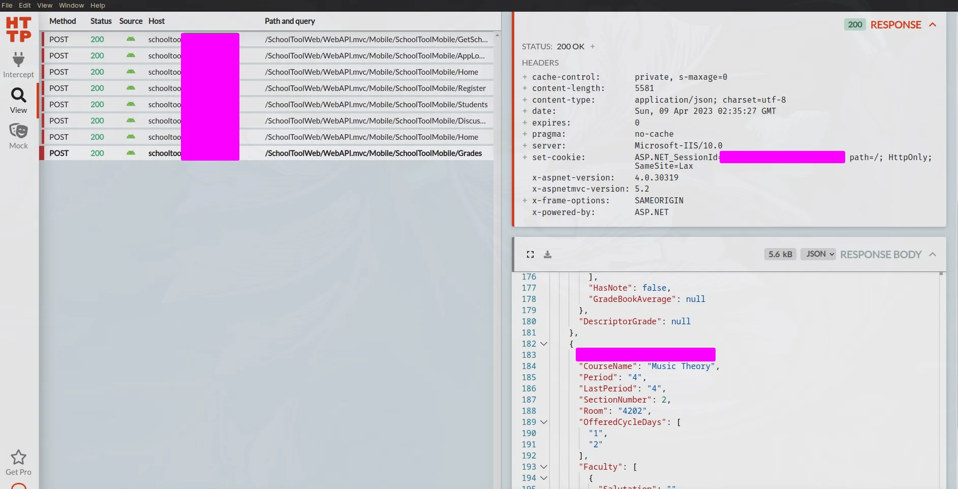 a display of http toolkit, showing the mobile app's apis